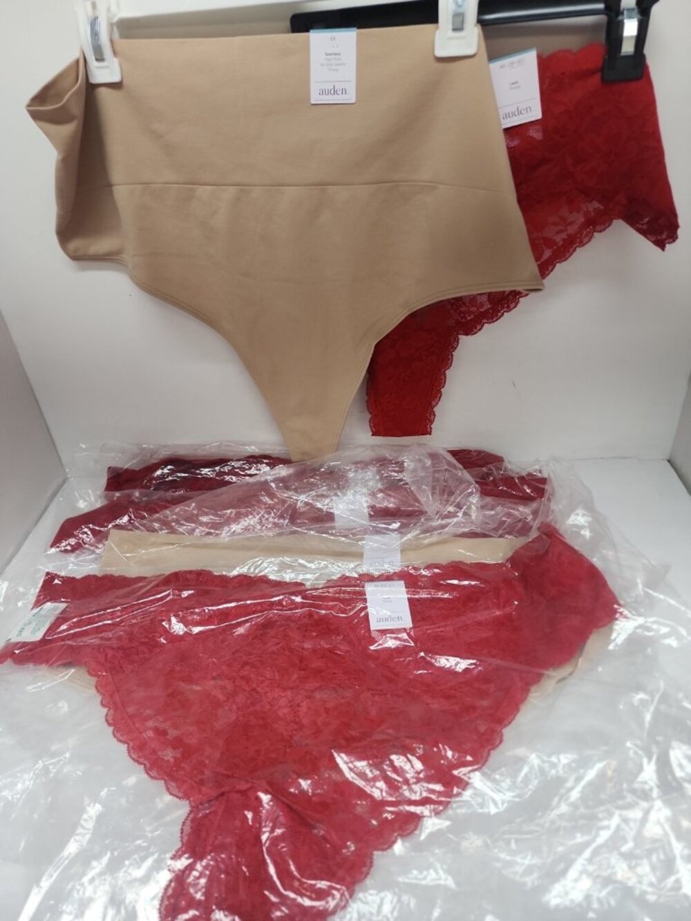 Auden Women's 4 Pairs Red Lace Thong 2 pairs Tan High Rise Thong Panties 4X  New